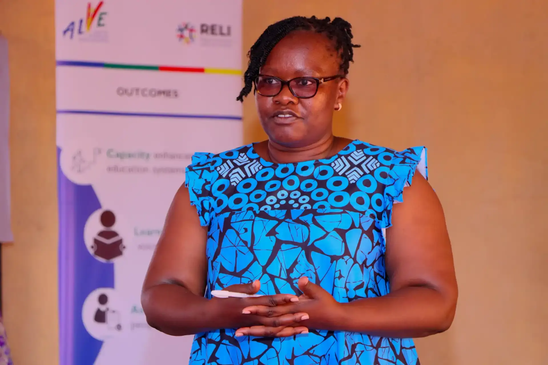 Woman at a research and education conference